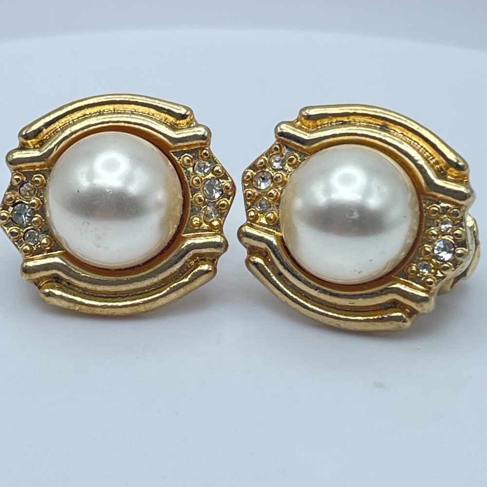Vintage Y2K RMN Gold Tone Faux Pearl Rhinestone Earrings Retro Women's Jewelry